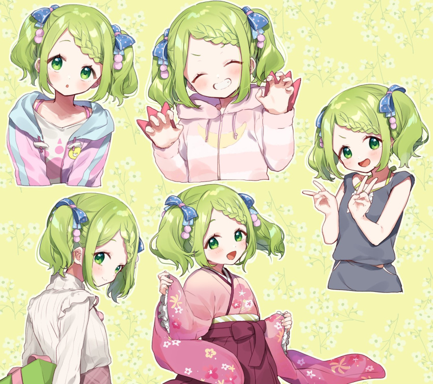 1girl ^_^ arms_behind_back bangs black_shirt blue_bow blush bow box braid claw_pose closed_eyes collarbone commentary_request double_v eyebrows_visible_through_hair facing_viewer floral_background floral_print gift gift_box green_eyes green_hair grin hair_bow hakama hands_up highres hood hood_down hooded_jacket jacket japanese_clothes kimono long_sleeves looking_at_viewer morinaka_kazaki multiple_views nijisanji open_clothes open_jacket outline pinching_sleeves pink_jacket pink_kimono print_kimono purple_hakama shirt sleeveless sleeveless_shirt sleeves_past_wrists smile striped striped_bow striped_jacket swept_bangs twintails v v-shaped_eyebrows virtual_youtuber white_outline white_shirt wide_sleeves yamabukiiro yellow_background