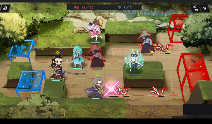 6+boys arknights chatan_nakiri chibi chiyoganemaru commentary enemy_tantou enemy_uchigatana fake_screenshot grey_skin hakusan_yoshimitsu hakusan_yoshimitsu's_fox hat heshikiri_hasebe jip multiple_boys nenekirimaru parody shaded_face skeleton sword touken_ranbu tousou_(touken_ranbu) tree weapon