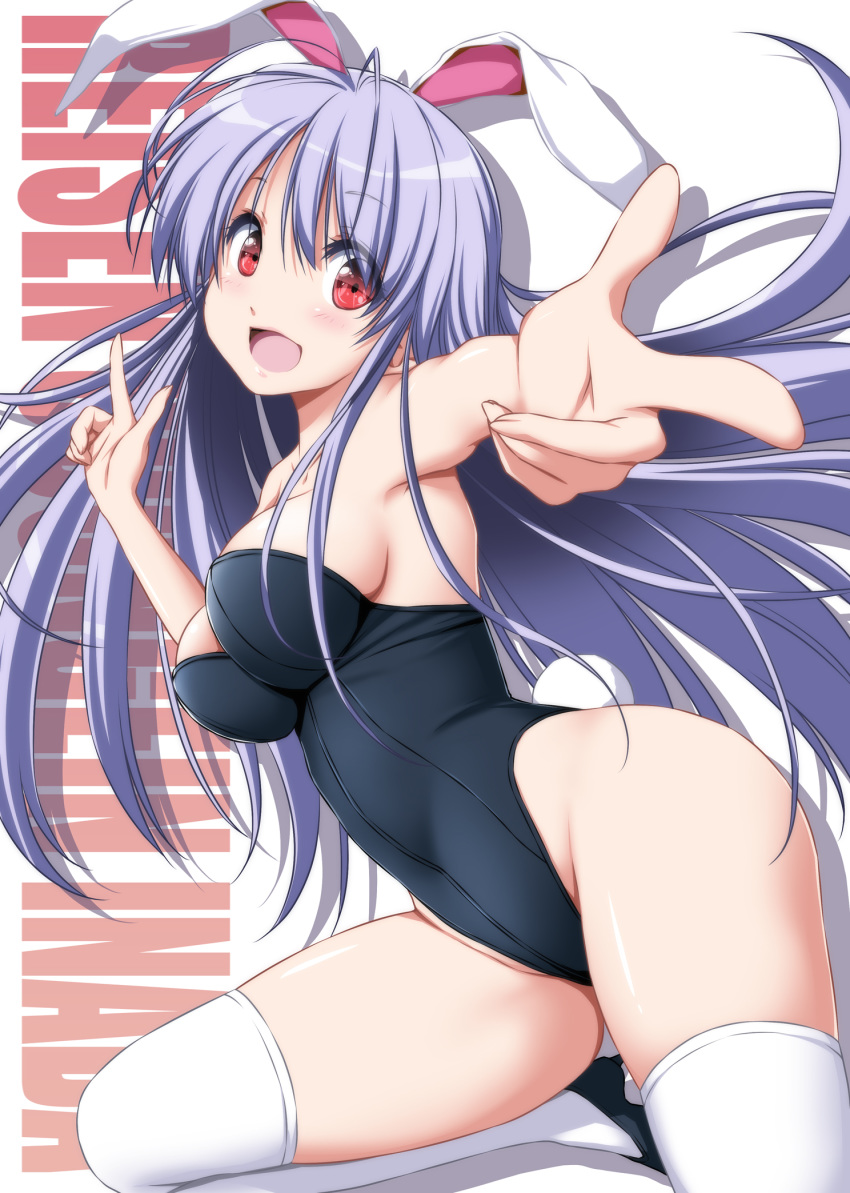 1girl animal_ears bare_arms bare_shoulders black_footwear black_leotard breasts bunny_girl bunny_tail bunnysuit character_name finger_gun floating_hair high_heels highres leotard long_hair looking_at_viewer medium_breasts nori_tamago one_knee open_mouth purple_hair rabbit_ears red_eyes reisen_udongein_inaba shoes smile solo tail thigh-highs touhou white_background white_legwear