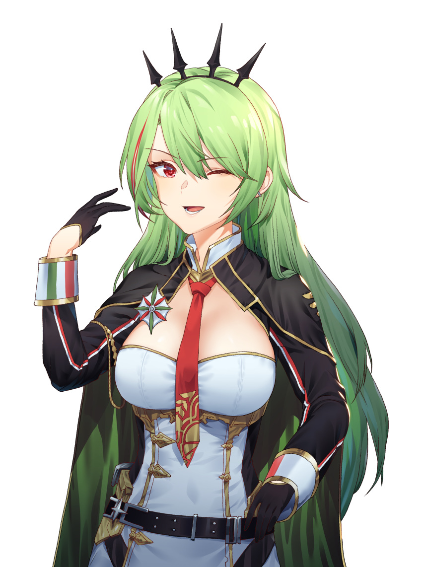 1girl absurdres azur_lane belt black_gloves black_sleeves breasts cape detached_sleeves earrings eyebrows_visible_through_hair gloves gold_trim green_cape green_hair hair_between_eyes hair_ornament half_gloves highres italian_flag jewelry littorio_(azur_lane) long_hair long_sleeves medal medium_breasts necktie one_eye_closed red_eyes red_neckwear shinidei simple_background solo