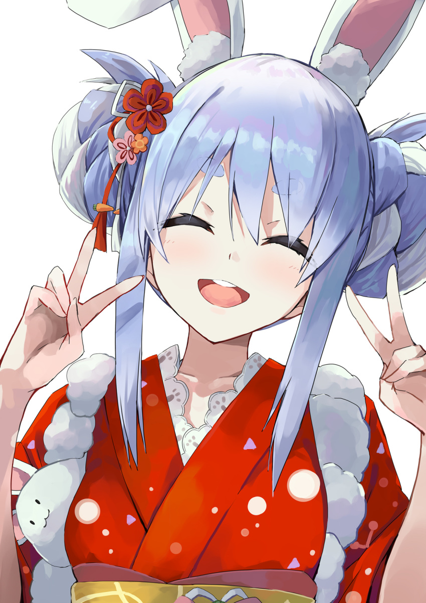 1girl animal_ear_fluff animal_ears blush braid braided_bun breasts closed_eyes commentary double_bun double_v eyebrows_visible_through_hair flower hair_between_eyes hair_flower hair_ornament head_tilt highres hololive japanese_clothes kimono konkito light_blue_hair looking_at_viewer medium_hair multicolored_hair obi open_mouth rabbit_ears red_kimono sash sidelocks simple_background small_breasts smile solo thick_eyebrows twin_braids twintails two-tone_hair upper_body usada_pekora v virtual_youtuber white_background white_hair