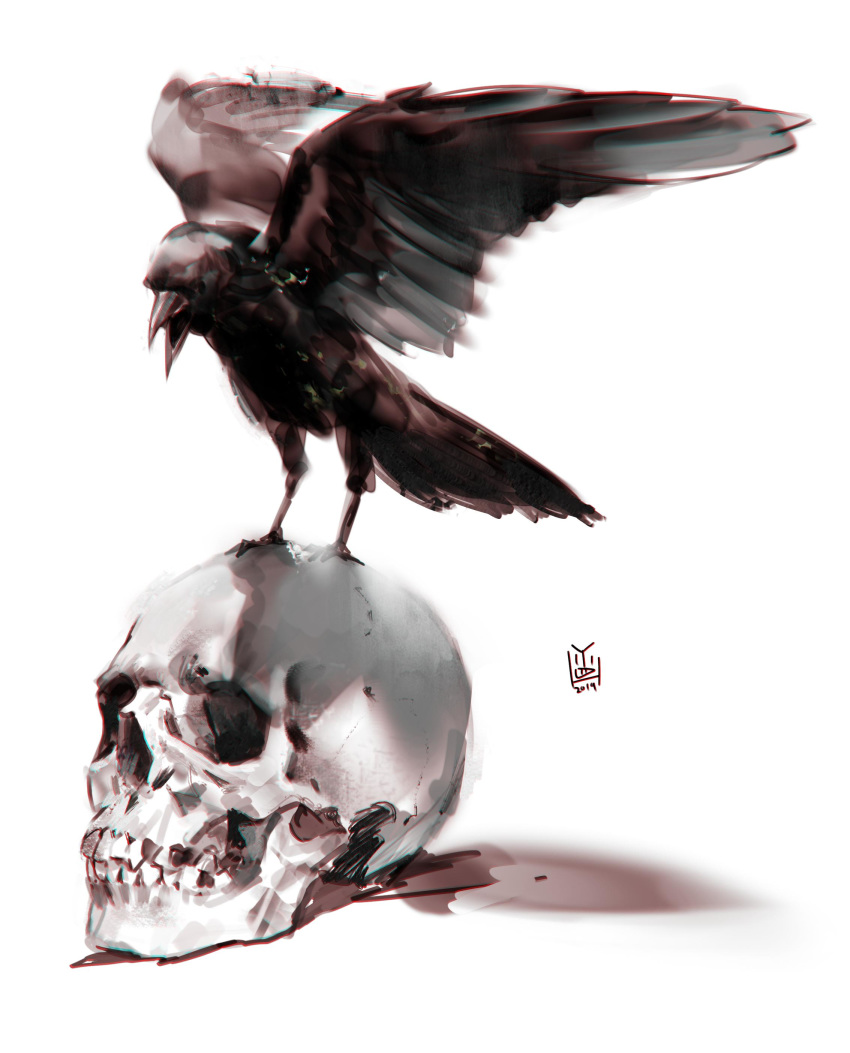 absurdres animal bird crow dated highres no_humans open_mouth original painterly signature simple_background skull white_background yang-do