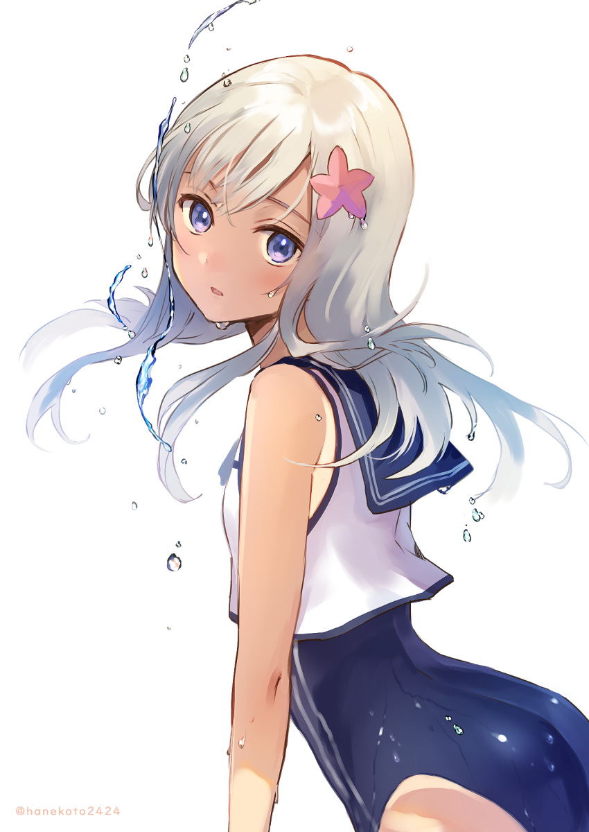 1girl ass bangs bare_arms bare_shoulders blonde_hair blue_eyes blush breasts commentary_request crop_top eyebrows_visible_through_hair flower hair_flower hair_ornament hanekoto highres kantai_collection long_hair looking_at_viewer neckerchief nontraditional_school_swimsuit one-piece_swimsuit one-piece_tan open_mouth ro-500_(kantai_collection) sailor_collar school_swimsuit school_uniform serafuku simple_background solo swimsuit swimsuit_under_clothes tan tanline twitter_username water water_drop wet wet_hair white_background
