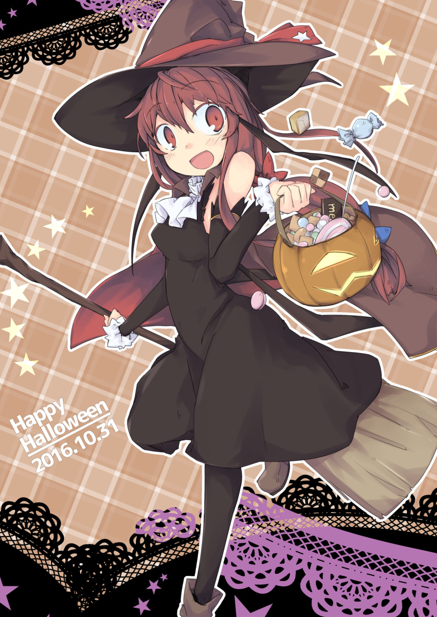 1girl :d alternate_costume ayase_yuuki_(mikan_mochi) bare_shoulders bat_wings black_dress black_legwear bow breasts broom candy cape checkerboard_cookie commentary_request cookie dated dress elbow_gloves english_text food gloves halloween hat hat_bow head_wings highres holding holding_broom jack-o'-lantern koakuma long_hair looking_at_viewer looking_to_the_side open_mouth plaid plaid_background red_eyes redhead sidelocks sleeveless sleeveless_dress small_breasts smile solo star touhou white_neckwear wings witch_costume witch_hat