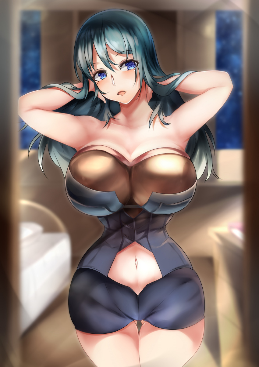 1girl absurdres armpits arms_behind_head bare_shoulders blue_eyes blue_hair breasts byleth_(fire_emblem) byleth_eisner_(female) corset fire_emblem fire_emblem:_three_houses hands_in_hair highres huge_breasts long_hair narrow_waist navel navel_cutout open_mouth short_shorts shorts tagme tea_texiamato