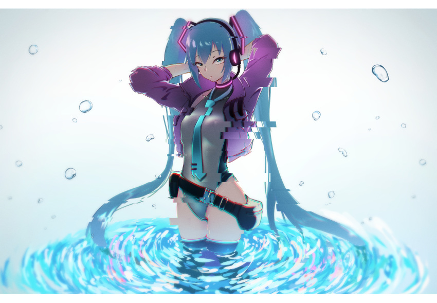 1girl aqua_eyes aqua_neckwear arms_behind_head arms_up bare_hips belt belt_pouch black_legwear blue_hair breasts closed_mouth competition_swimsuit glitch glowing gradient gradient_background grey_background grey_swimsuit hatsune_miku headphones highres jacket kasoku_souchi letterboxed long_hair long_sleeves looking_at_viewer medium_breasts necktie one-piece_swimsuit open_clothes open_jacket pouch purple_jacket ripples sidelocks solo standing swimsuit swimsuit_under_clothes thigh-highs twintails very_long_hair vocaloid water water_drop