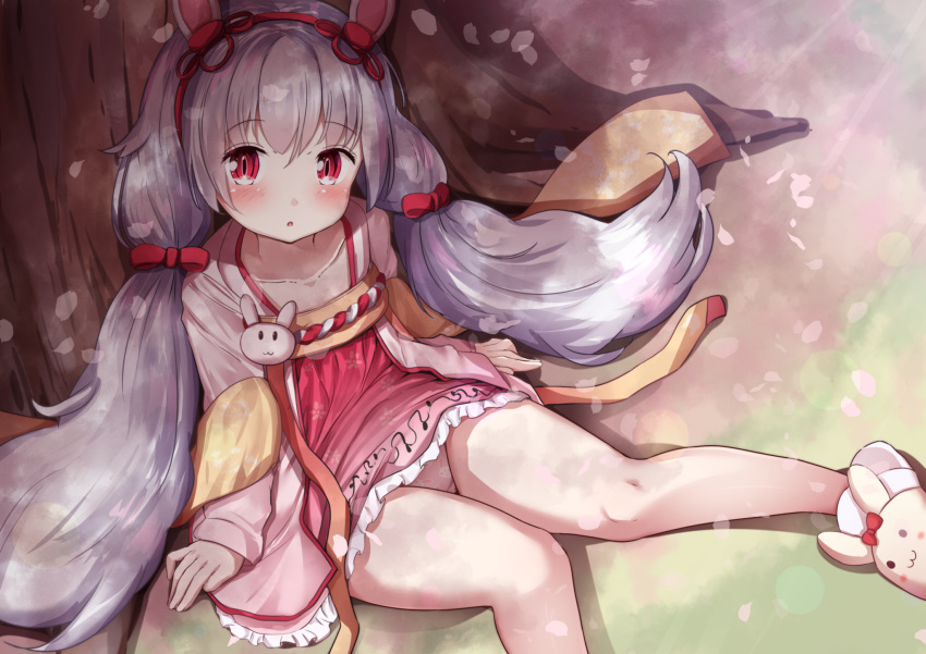 1girl :o animal_ears azur_lane blush cherry_blossoms collarbone commentary_request dress eyebrows_visible_through_hair fake_animal_ears hair_between_eyes hairband highres jacket knees_together_feet_apart laffey_(azur_lane) laffey_(new_year_rabbit)_(azur_lane) long_hair looking_at_viewer mochiyuki open_clothes open_jacket panties pink_jacket rabbit_ears red_dress red_eyes silver_hair sitting slippers solo tree twintails underwear