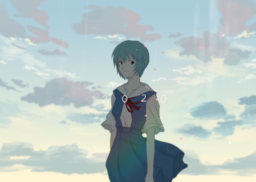 1girl ayanami_rei bangs blue_dress blue_hair blue_skirt closed_mouth clouds cloudy_sky collarbone commentary_request dated day dress facing_viewer hair_between_eyes highres looking_away neck_ribbon neckwear neon_genesis_evangelion outdoors rebuild_of_evangelion red_eyes red_neckwear red_ribbon ri0 ribbon school_uniform shirt short_hair short_sleeves skirt sky smile solo standing uniform upper_body white_shirt