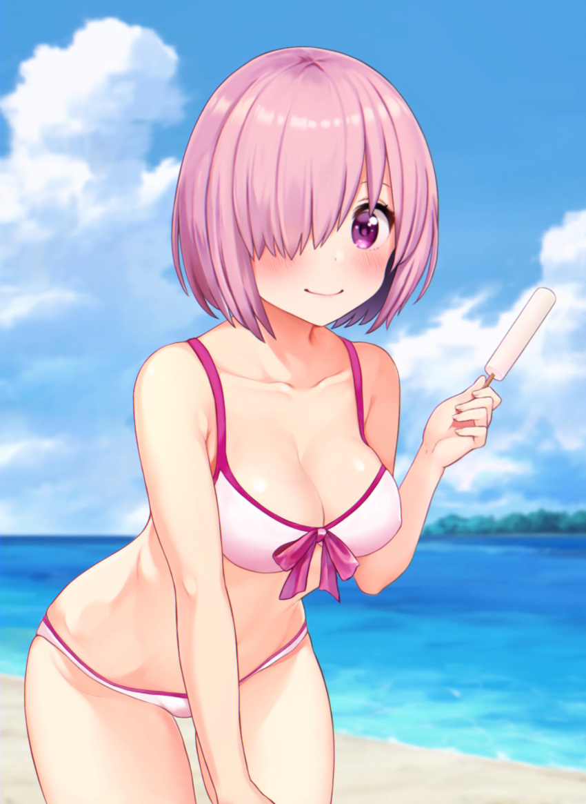1girl alternate_costume bare_arms bare_shoulders beach bikini blush breasts collarbone commentary_request day fate/grand_order fate_(series) hair_over_one_eye highres holding large_breasts looking_at_viewer mash_kyrielight ocean outdoors pink_bikini short_hair smile solo swimsuit violet_eyes yoshi8357
