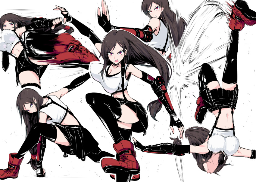 1girl arm_guards backflip bike_shorts breasts crop_top elbow_gloves fighting_stance final_fantasy final_fantasy_vii final_fantasy_vii_remake fingerless_gloves gloves kicking large_breasts long_hair low-tied_long_hair motion_blur red_footwear shimure_(460) shorts shorts_under_skirt speed_lines suspenders tank_top thigh-highs tifa_lockhart upside-down