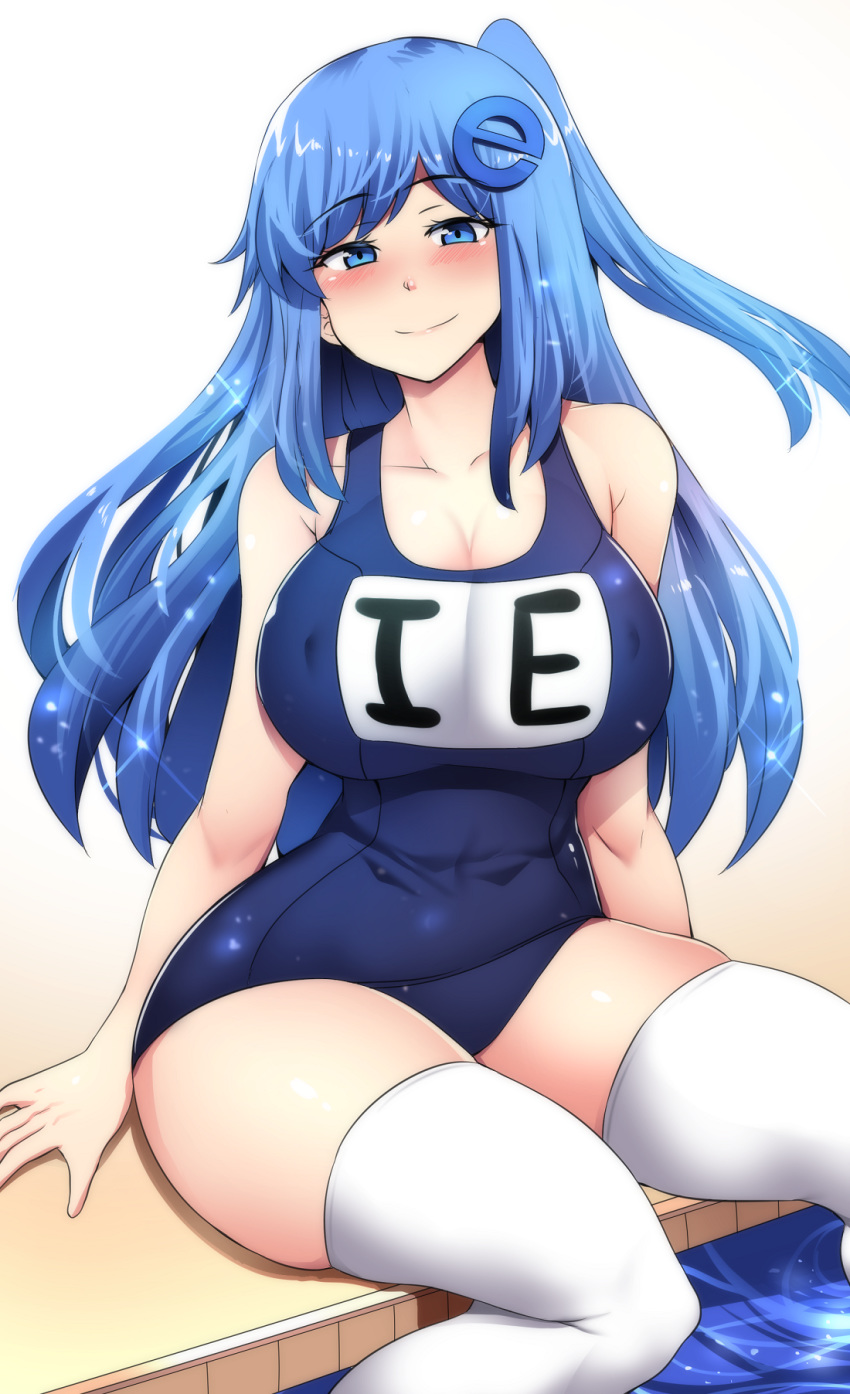 1girl arm_support bangs bare_arms bare_shoulders blue_eyes blue_hair blue_theme blush breasts collarbone curvy eyebrows_visible_through_hair half-closed_eyes highres hinghoi internet_explorer internet_explorer_(merryweather) internet_explorer_(webcomic) large_breasts long_hair looking_at_viewer one-piece_swimsuit one_side_up original personification pool school_swimsuit shiny shiny_hair shiny_skin sitting smile soaking_feet solo swimsuit thigh-highs thighs water white_background white_legwear zettai_ryouiki
