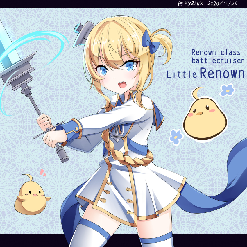1girl ahoge azur_lane bangs bird blonde_hair blue_bow blue_eyes bow character_name chick coat_dress commentary_request cowboy_shot dated english_text eyebrows_visible_through_hair gold_trim hair_bow hebitsukai-san highres holding holding_sword holding_weapon little_renown_(azur_lane) long_sleeves looking_at_viewer manjuu_(azur_lane) military military_uniform open_mouth renown_(azur_lane) short_hair solo sword thigh-highs twitter_username uniform weapon white_legwear