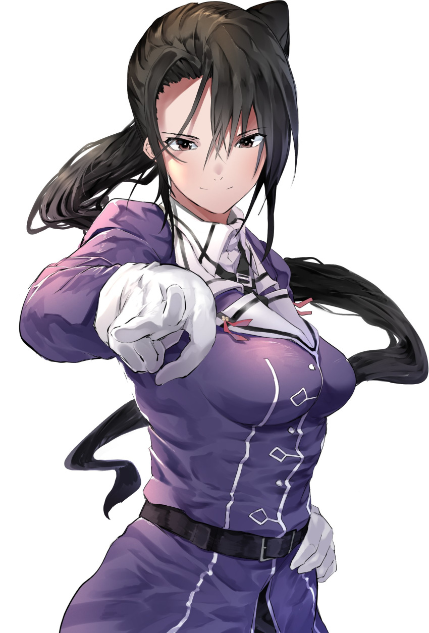 1girl absurdly_long_hair absurdres belt black_hair breasts brown_eyes collar commentary_request cowboy_shot gegeron gloves hand_on_hip highres kantai_collection long_hair looking_at_viewer medium_breasts military military_uniform nachi_(kantai_collection) pointing pointing_at_viewer remodel_(kantai_collection) side_ponytail simple_background solo uniform v very_long_hair white_background white_gloves