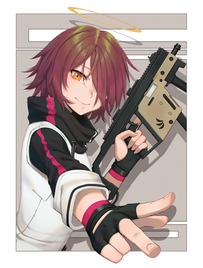 1girl arknights black_gloves blush brown_eyes closed_mouth exusiai_(arknights) eyebrows_visible_through_hair fingerless_gloves gloves gun hair_over_one_eye halo highres holding holding_gun holding_weapon looking_at_viewer redhead reiji-rj short_hair smile solo v weapon