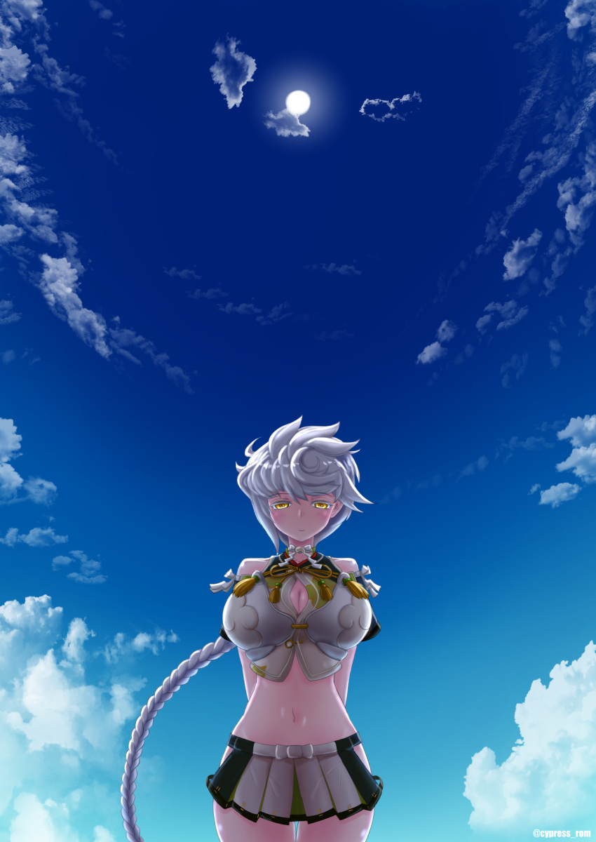 1girl arms_behind_back asymmetrical_hair bangs blue_sky blush braid breasts choker cleavage_cutout cloud_print clouds collarbone commentary_request cowboy_shot crop_top cypress day eyebrows_visible_through_hair groin hair_between_eyes hair_ornament highres jitome kantai_collection large_breasts long_hair looking_at_viewer midriff miniskirt navel pleated_skirt ribbon_choker short_sleeves side_cutout sidelocks silver_hair single_braid skirt sky smile solo standing sun thigh_gap twitter_username unryuu_(kantai_collection) very_long_hair wavy_hair white_skirt yellow_eyes