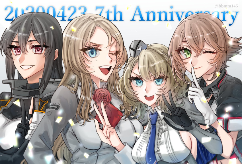 4girls anniversary bangs black_gloves black_hair blonde_hair blue_eyes blue_neckwear braid breasts brown_hair colorado_(kantai_collection) dated finger_to_mouth flower garrison_cap gloves green_eyes grey_headwear hat index_finger_raised kantai_collection long_hair machi_(ritovoyage) multiple_girls mutsu_(kantai_collection) nagato_(kantai_collection) necktie nelson_(kantai_collection) one_eye_closed open_mouth partly_fingerless_gloves red_flower red_neckwear red_rose remodel_(kantai_collection) rose short_hair smile twitter_username upper_body v violet_eyes white_gloves
