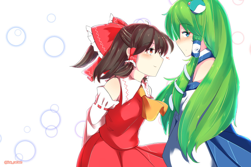 2girls arms_behind_back bare_shoulders blue_eyes blue_skirt blush breasts brown_hair detached_sleeves eyebrows_visible_through_hair frog_hair_ornament green_hair hair_bow hair_tubes hakurei_reimu heart kochiya_sanae long_hair looking_at_another looking_to_the_side miko mokutan_(link_machine) nontraditional_miko red_dress red_eyes red_skirt short_hair snake_hair_ornament touhou white_vest