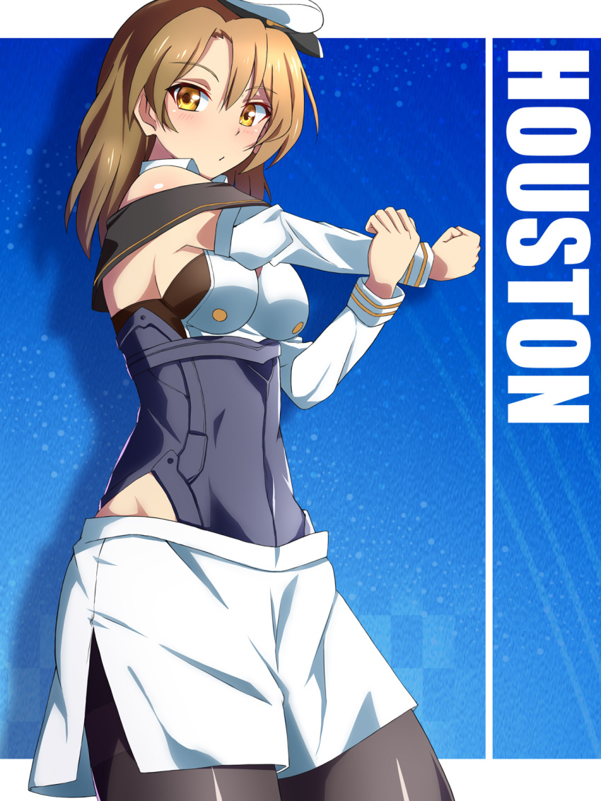 1girl black_legwear breasts brown_eyes character_name commentary_request corset cowboy_shot detached_sleeves highres houston_(kantai_collection) kantai_collection large_breasts light_brown_hair long_hair looking_at_viewer military military_uniform naval_uniform pencil_skirt remodel_(kantai_collection) sebunsu skirt solo stretch uniform white_skirt