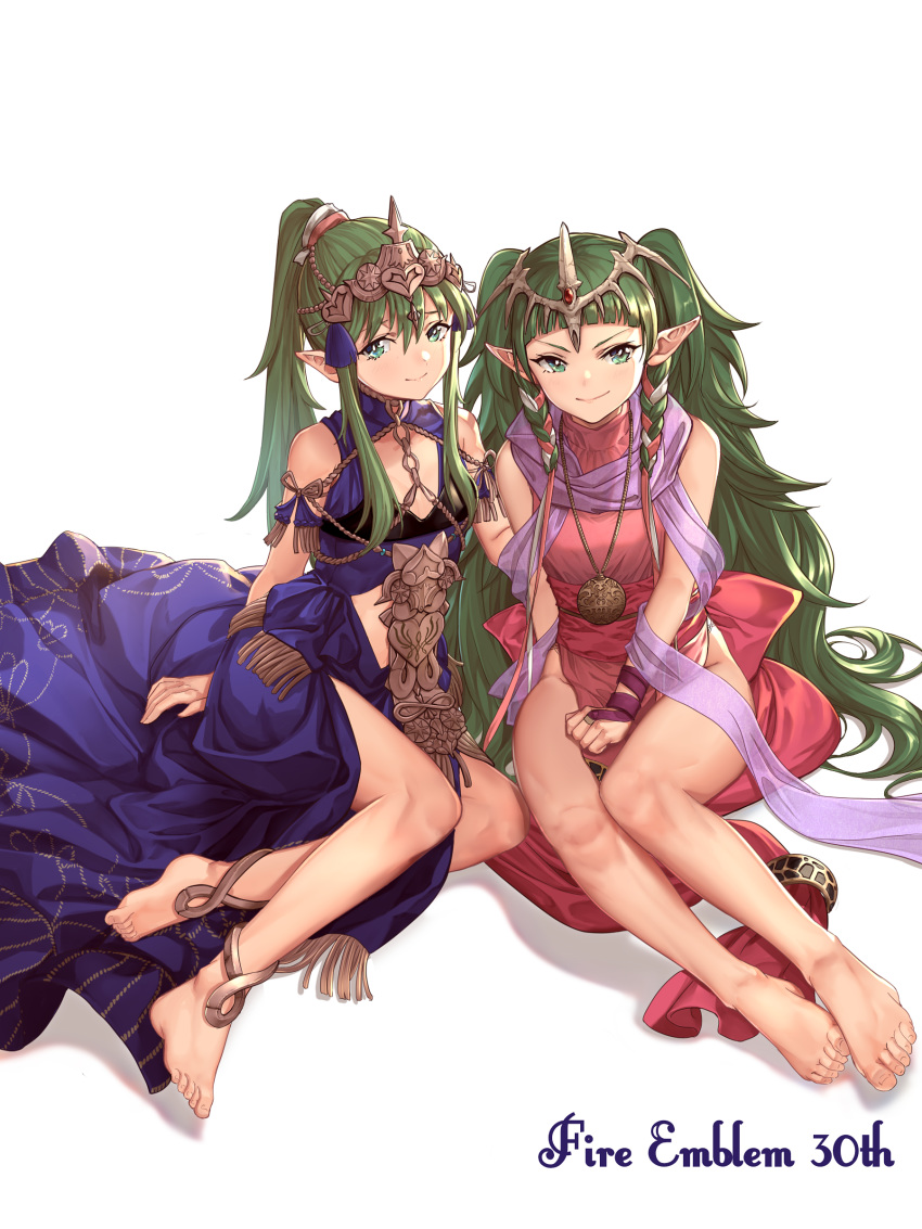 10s 1990 2019 2girls 90s absurdres alba anklet anniversary arm_support bare_arms bare_legs barefoot blue_dress breasts chiki chiki_(cosplay) cleavage_cutout commentary_request cosplay costume_switch dragon_girl dress elf english_text feet fire_emblem fire_emblem:_three_houses fire_emblem:_mystery_of_the_emblem fire_emblem:_mystery_of_the_emblem fire_emblem:_shin_ankoku_ryuu_to_hikari_no_tsurugi fire_emblem:_three_houses fire_emblem_11 fire_emblem_16 fire_emblem_3 fire_emblem_heroes fire_emblem_shadow_dragon flat_chest goddess green_hair hair_ornament highres intelligent_systems jewelry loli long_dress long_hair looking_at_viewer manakete multiple_girls necklace nintendo pink_dress pointy_ears ponytail scarf shadow shiny shiny_hair sidelocks simple_background sitting sleeveless small_breasts sothis_(fire_emblem) sothis_(fire_emblem)_(cosplay) super_smash_bros. tiara tiki_(fire_emblem) tiki_(fire_emblem)_(cosplay) toes trait_connection twintails very_long_hair white_background
