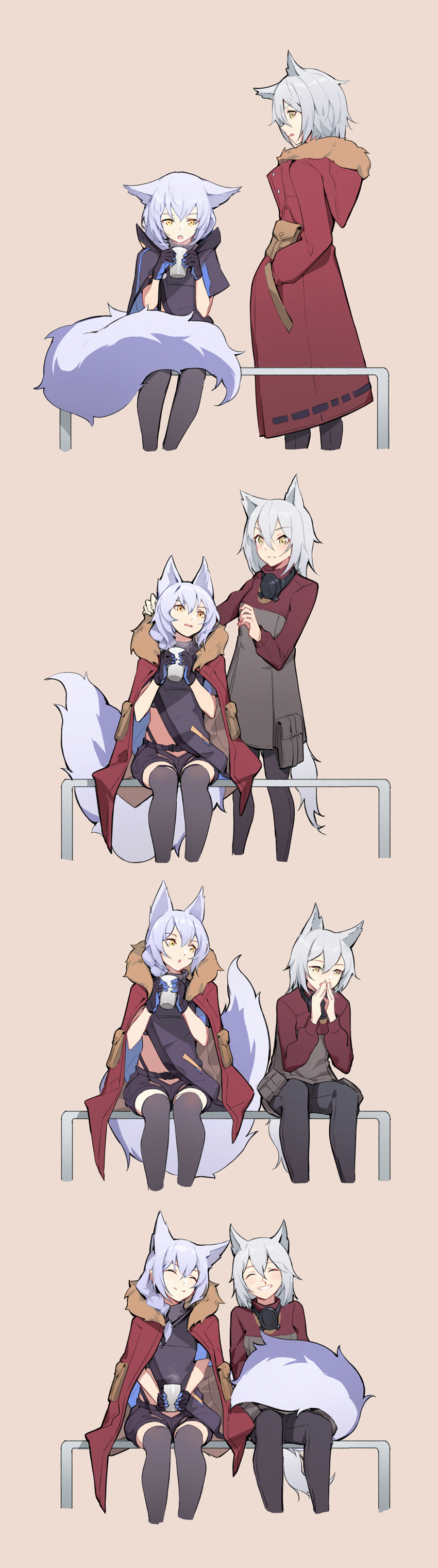 2girls ^_^ absurdres animal_ears arknights black_gloves black_legwear blood blue_hair blush chinese_commentary closed_eyes commentary_request cropped_legs cup dress fluffy from_side fur-trimmed_jacket fur_trim gloves grey_background grey_dress grey_hair grin hand_in_pocket hands_up head_tilt highres holding hood hooded_jacket hot_drink jacket jacket_on_shoulders jacket_removed large_tail lavender_hair long_hair multicolored multicolored_clothes multicolored_dress multiple_girls nian nosebleed open_mouth pantyhose profile projekt_red_(arknights) provence_(arknights) purple_jacket red_dress red_jacket short_dress short_hair short_shorts shorts simple_background sitting smile standing tail tail_wrap thigh-highs wolf_ears wolf_girl wolf_tail yellow_eyes