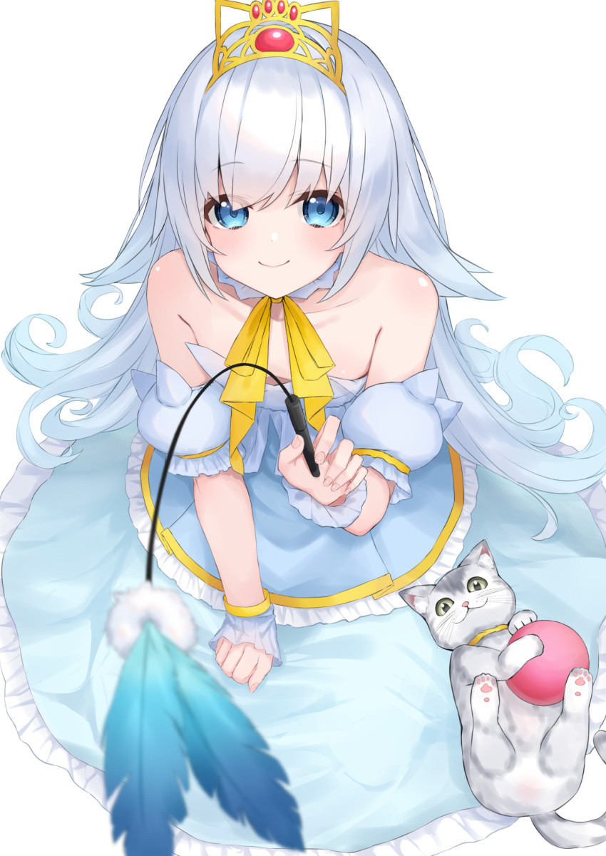 1girl animal ball bare_shoulders blue_dress blue_eyes blue_sleeves blurry blurry_foreground blush cat closed_mouth collarbone commentary_request depth_of_field detached_sleeves dress frilled_dress frills green_eyes grey_hair hashiko_nowoto highres holding long_hair looking_at_viewer lying nail_polish on_back original pink_nails puffy_short_sleeves puffy_sleeves short_sleeves smile solo strapless strapless_dress tiara very_long_hair white_background wrist_cuffs