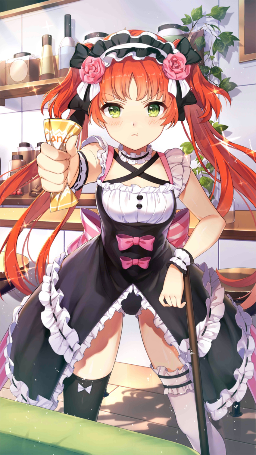 1girl :t alternate_costume asymmetrical_legwear bare_shoulders black_dress black_legwear black_panties bow choker criin dress enmaided flower frilled_choker frilled_dress frilled_panties frills girl_cafe_gun green_eyes hair_flower hair_ornament highres holding long_hair looking_at_viewer maid maid_headdress official_art outstretched_arm panties pink_bow pout redhead rococo_(girl_cafe_gun) sleeveless sleeveless_dress solo sparkle standing thigh-highs thighs twintails underwear v-shaped_eyebrows white_legwear wrist_cuffs