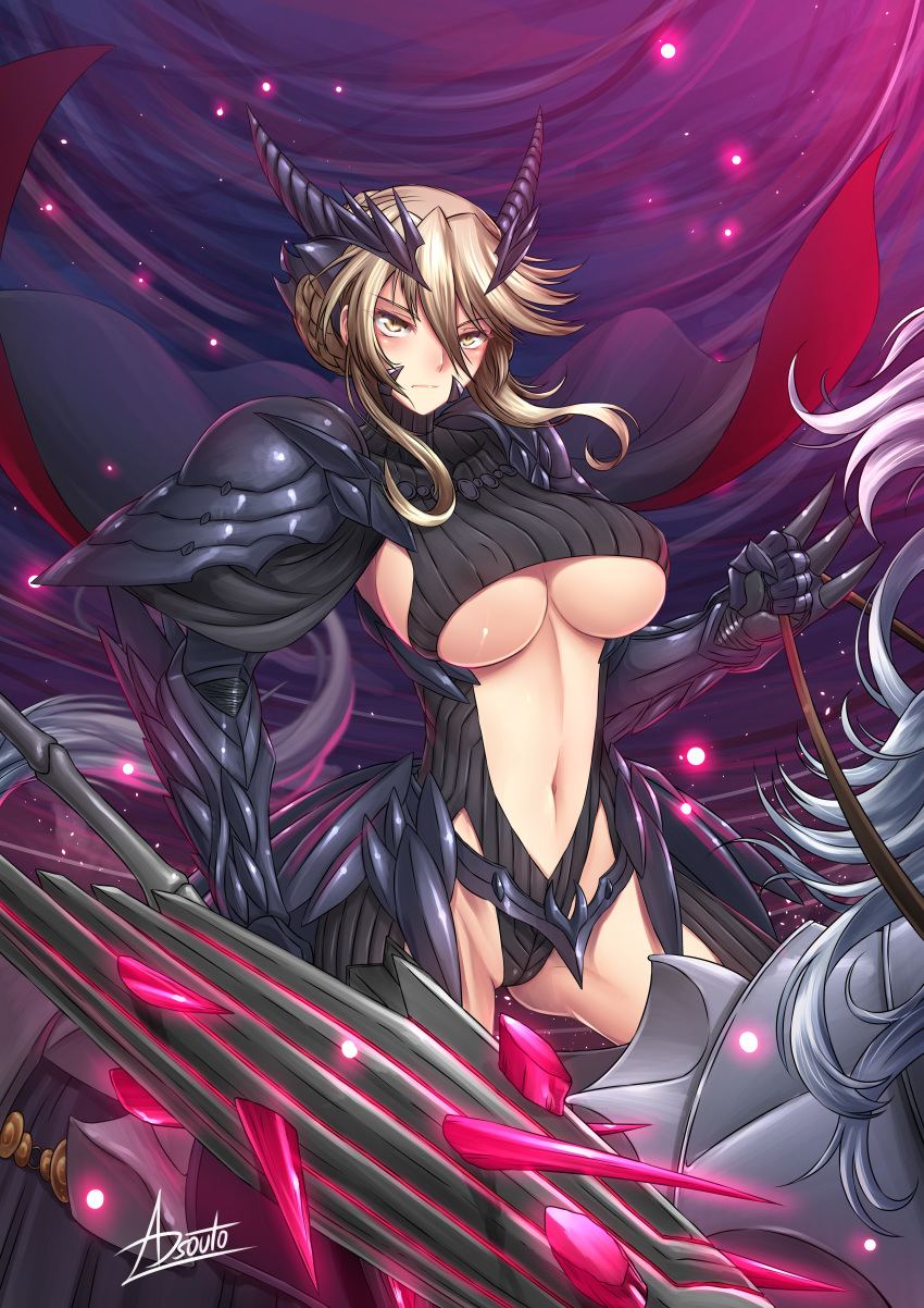 1girl absurdres adsouto armor artist_name artoria_pendragon_(all) artoria_pendragon_(lancer_alter) ass bangs blonde_hair breasts clenched_hand closed_mouth facing_viewer fate/grand_order fate_(series) highres huge_filesize large_breasts midriff navel paid_reward patreon_reward serious shoulder_armor solo spiked_knuckles yellow_eyes