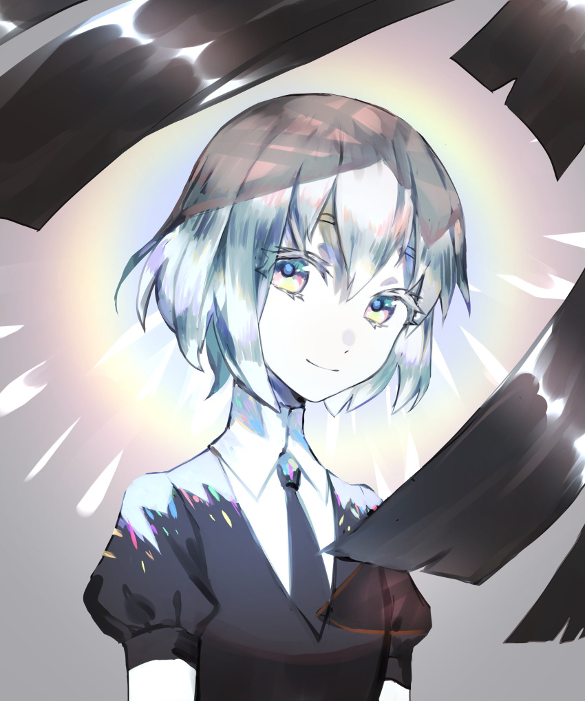 1other absurdres black_neckwear black_shirt bort buttoniris closed_mouth collared_shirt commentary diamond_(houseki_no_kuni) english_commentary grey_hair halo highres houseki_no_kuni looking_at_viewer necktie out_of_frame puffy_short_sleeves puffy_sleeves shiny shiny_hair shirt short_hair short_sleeves smile solo upper_body white_shirt white_skin wing_collar yellow_eyes