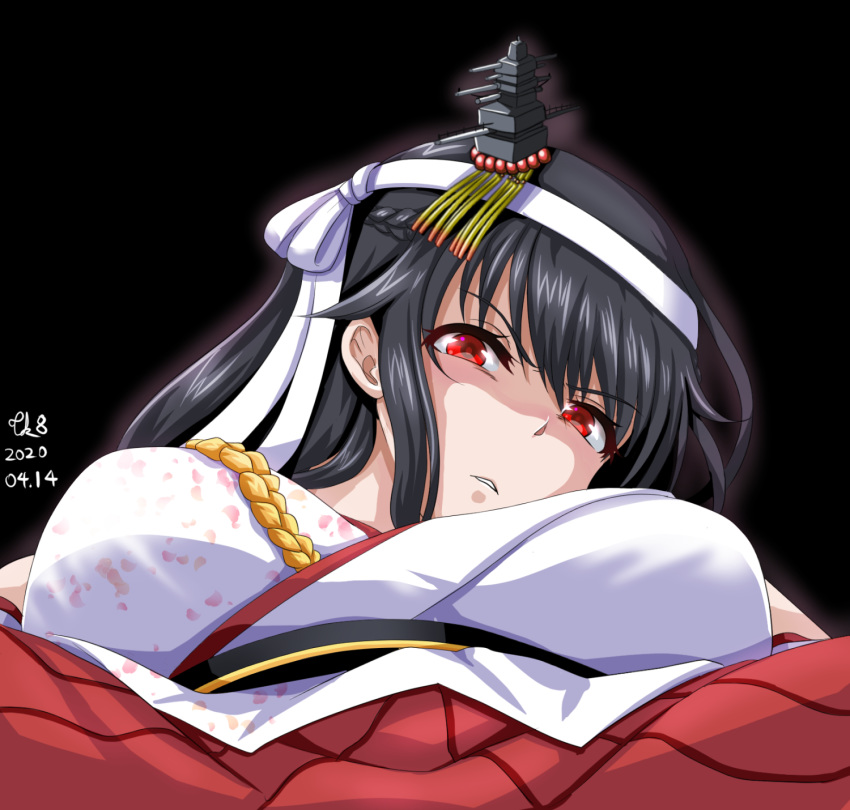 1girl artist_name bangs black_background black_hair dated detached_sleeves disgust fusou_(kantai_collection) hair_ornament headband highres japanese_clothes kantai_collection kimono long_hair looking_at_viewer nontraditional_miko red_eyes red_skirt remodel_(kantai_collection) shaded_face signature simple_background skirt solo tk8d32 white_headband white_kimono