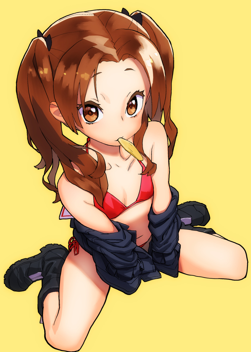 1girl bangs bikini bikini_under_clothes black_footwear black_jacket boots breasts brown_eyes brown_hair commentary_request girls_und_panzer highres jacket kadotani_anzu long_hair looking_at_viewer mouth_hold ooarai_military_uniform oomabu_shichirou parted_bangs red_bikini side-tie_bikini simple_background small_breasts solo swimsuit swimsuit_under_clothes twintails yellow_background