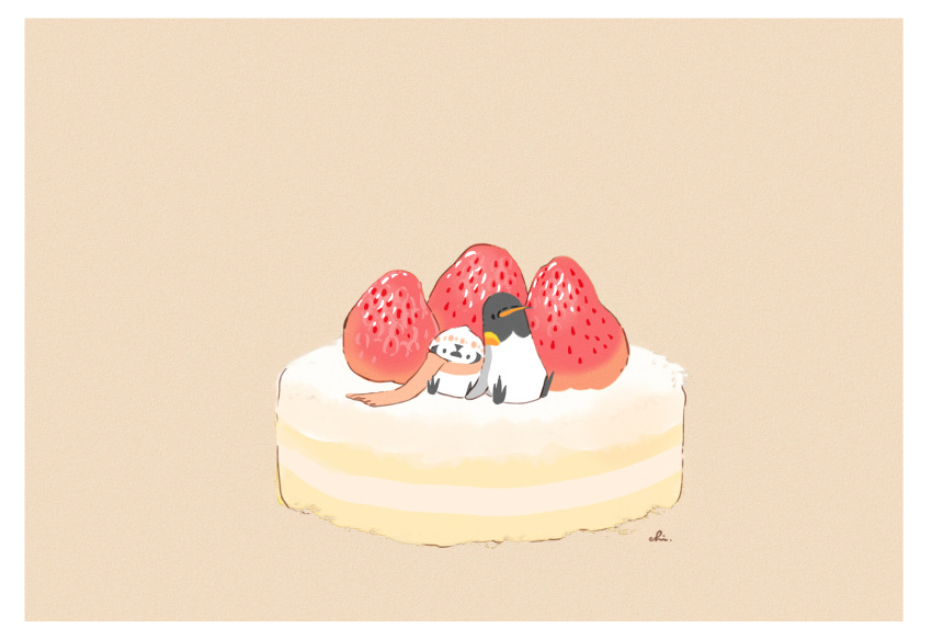animal beige_background bird border chai commentary_request food fruit hat highres looking_at_viewer no_humans original penguin scarf simple_background sitting_on_food strawberry tart_(food)