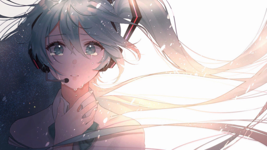 1girl aqua_eyes aqua_hair aqua_neckwear backlighting bangs collared_shirt commentary_request crying eyebrows_visible_through_hair eyelashes hair_between_eyes hair_blowing hand_up hatsune_miku headphones headset highres long_hair looking_at_viewer nail_polish necktie parted_lips portrait shirt solo twintails ume_ryou vocaloid white_shirt