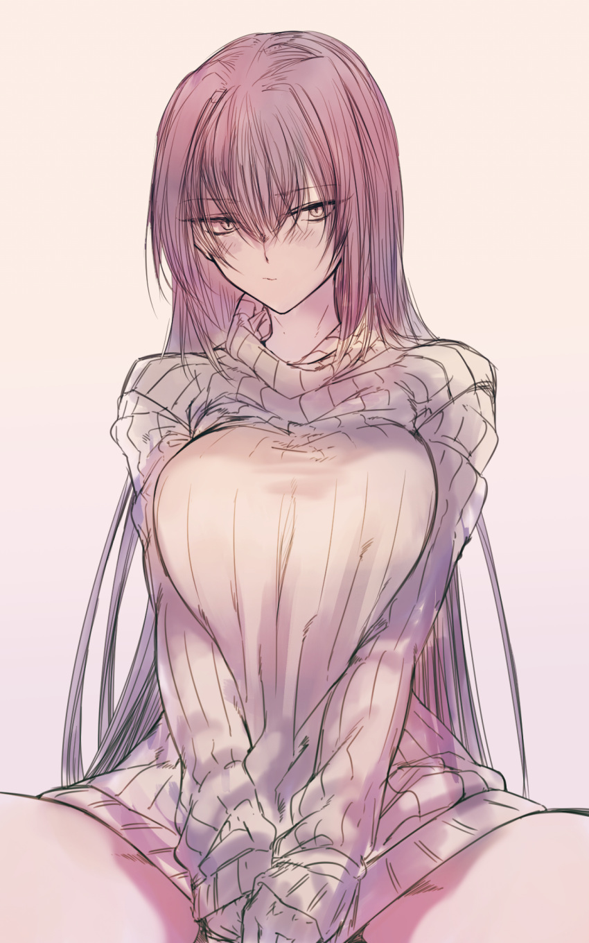 1girl :/ blush breasts commentary_request fate/grand_order fate_(series) hair_intakes highres kojima_(blue_stardust) large_breasts long_sleeves looking_at_viewer purple_hair red_eyes ribbed_sweater scathach_(fate)_(all) simple_background solo spread_legs sweater