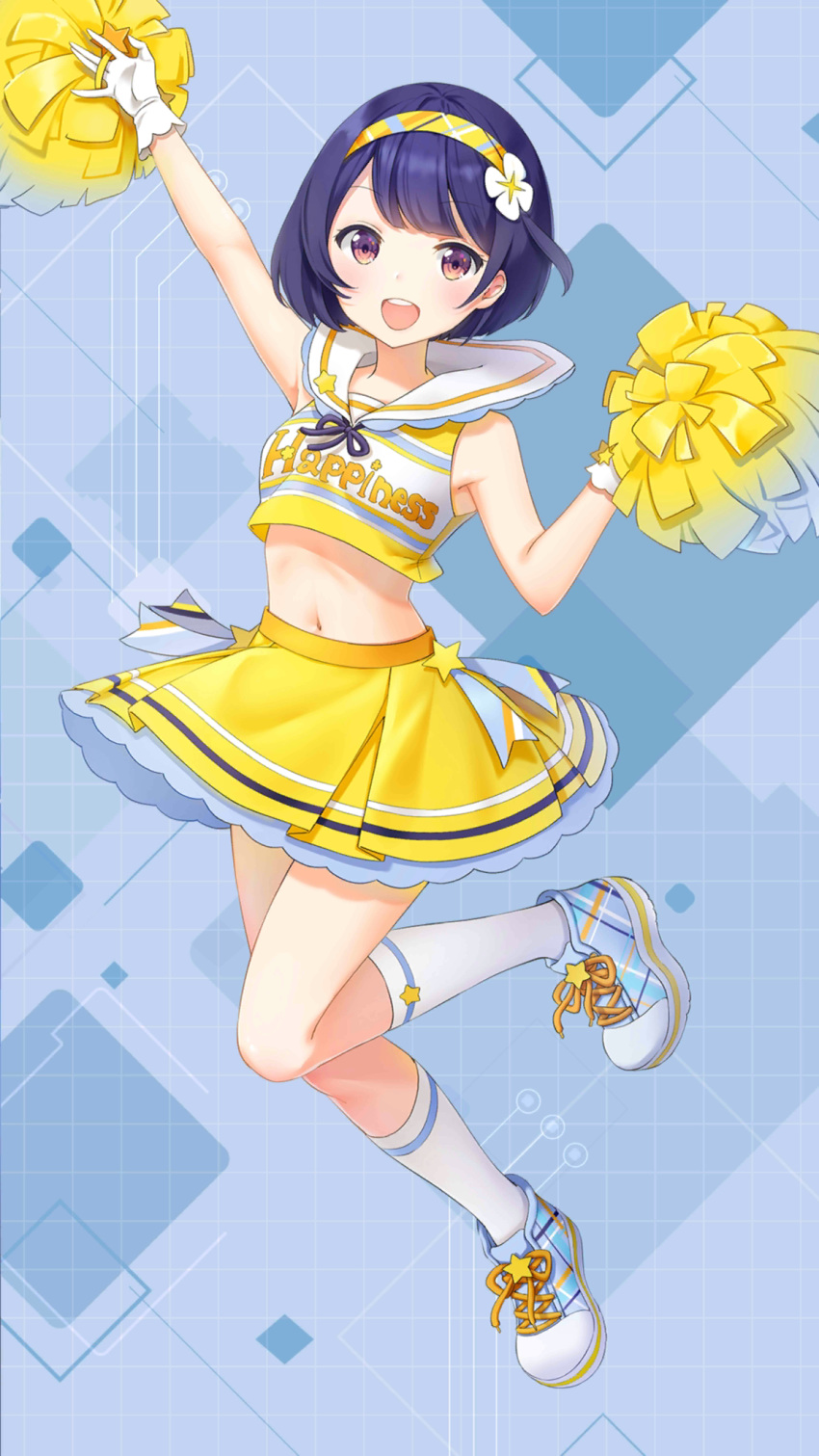 1girl :d arm_up armpits bare_arms bare_shoulders blue_hair breasts cheerleader crop_top crop_top_overhang full_body girl_cafe_gun gloves hairband hand_up highres holding_pom_poms iritoa kneehighs leg_up looking_at_viewer midriff miniskirt navel official_art open_mouth sailor_collar shi_wu_you shirt shoes short_hair skirt sleeveless sleeveless_shirt small_breasts smile sneakers solo stomach thighs violet_eyes white_gloves white_legwear yellow_skirt