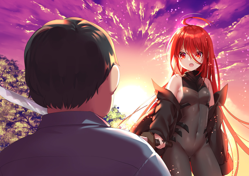 1girl absurdres ahoge bangs bodysuit breasts coat covered_navel eyebrows_visible_through_hair facing_viewer hair_between_eyes highres holding holding_sword holding_weapon long_hair mvv off-shoulder_coat open_clothes open_coat outdoors red_eyes redhead shakugan_no_shana shana skin_tight small_breasts sunset sword thigh_gap weapon