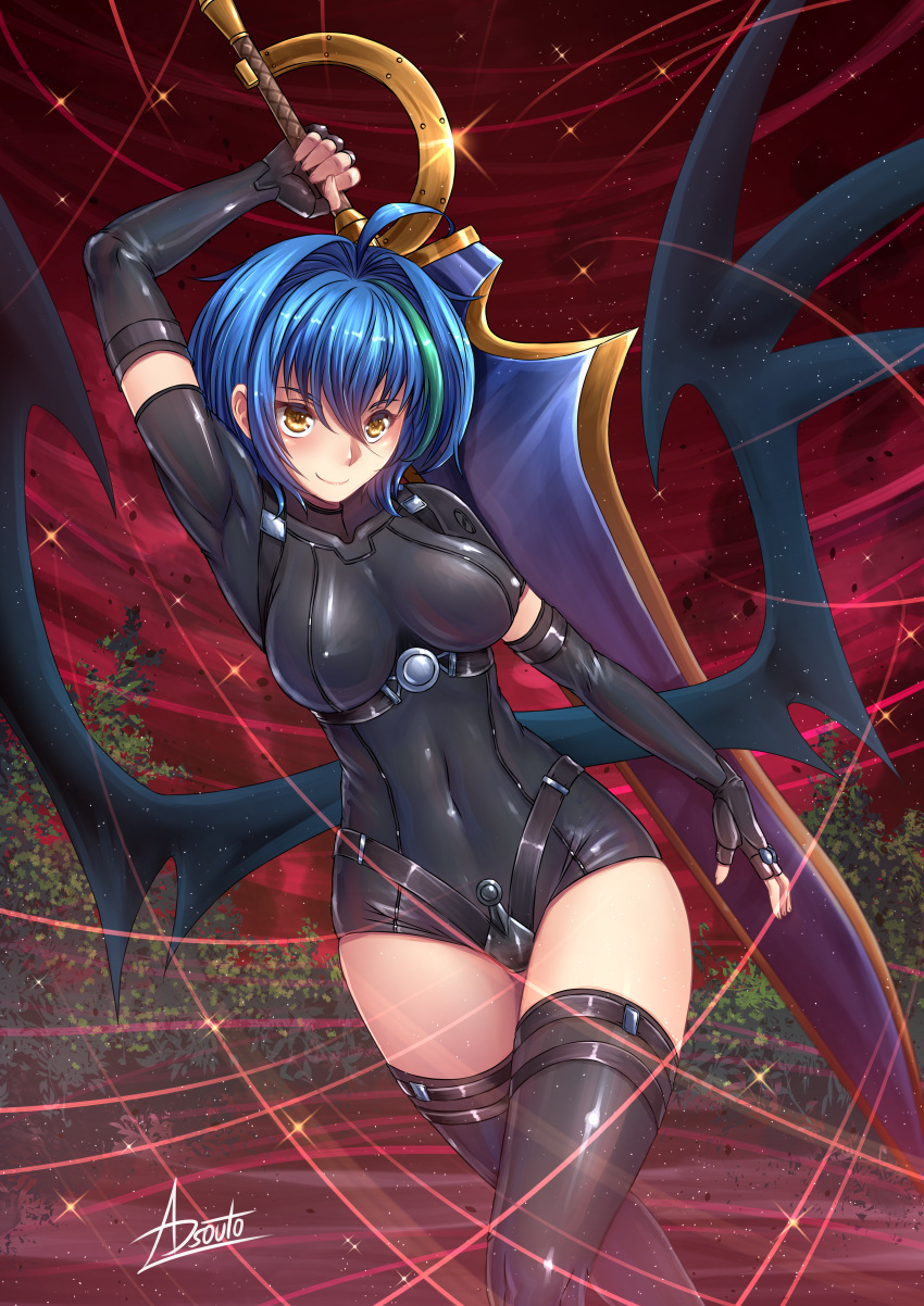1girl absurdres adsouto bangs black_legwear blue_hair bodysuit breasts demon_wings green_hair high_school_dxd highres holding holding_sword holding_weapon huge_filesize huge_weapon impossible_bodysuit impossible_clothes impossible_leotard large_breasts large_wings leotard looking_at_viewer multicolored_hair paid_reward patreon_reward red_sky short_hair sky smile solo streaked_hair sword tree two-tone_hair weapon wings xenovia_quarta yellow_eyes