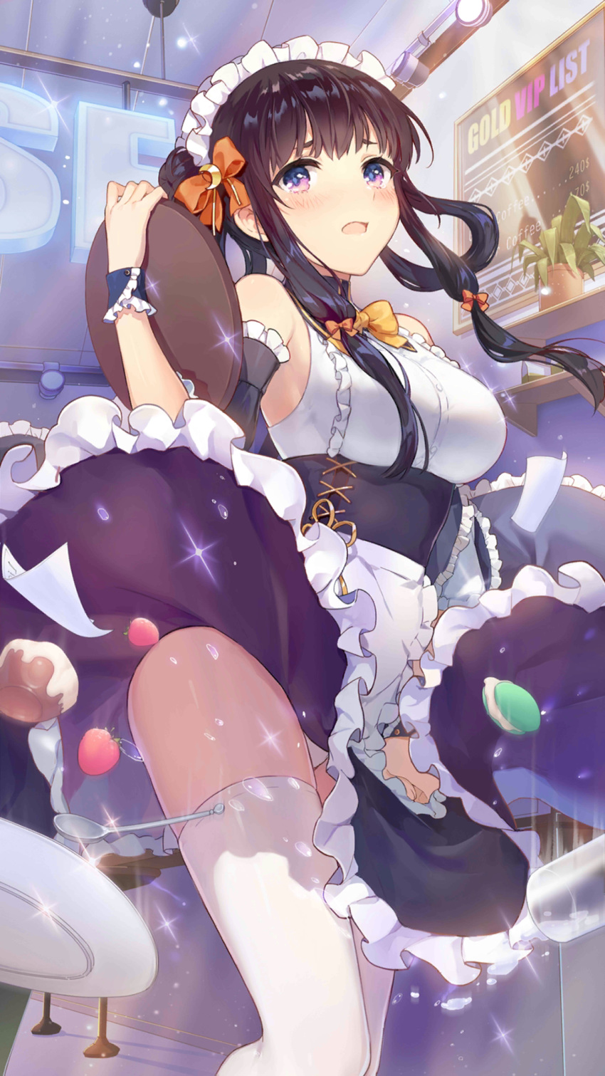 1girl alternate_costume artist_request bare_shoulders black_hair bow bowtie breasts cupcake detached_sleeves dress enmaided food frilled_dress frills girl_cafe_gun hair_bow hair_rings highres holding kikuri_yuki long_hair looking_at_viewer macaron maid maid_headdress medium_breasts official_art open_mouth panties panty_peek plant plate potted_plant sidelocks solo thigh-highs tray underbust underwear violet_eyes white_dress white_legwear white_panties wind wind_lift wrist_cuffs