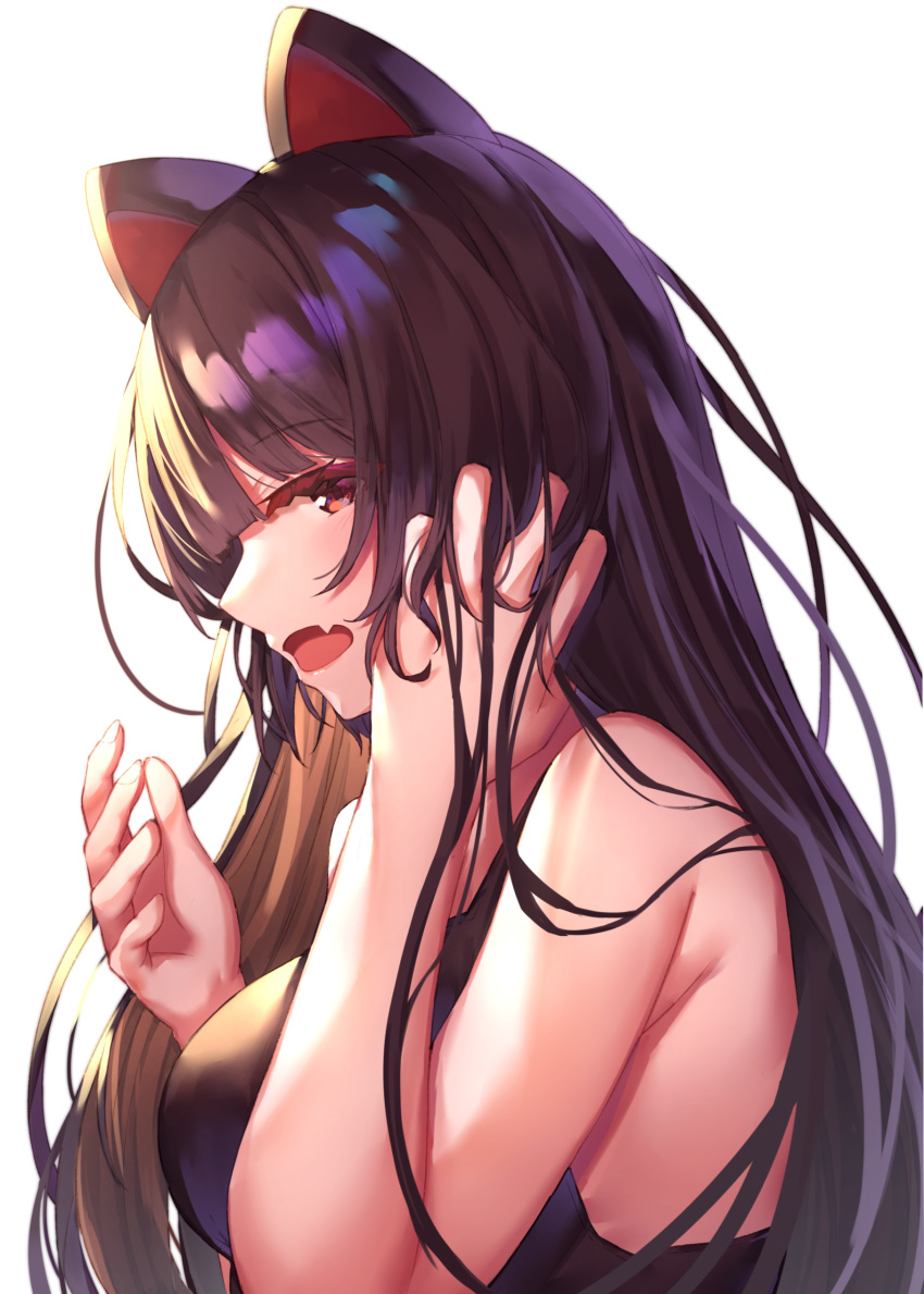 1girl absurdres animal_ears bangs bare_arms bare_shoulders black_dress black_hair blush breasts brown_eyes brown_hair commentary_request dog_ears dress eyebrows_visible_through_hair fang hand_in_hair hands_up highres inui_toko large_breasts long_hair nijisanji open_mouth profile simple_background sleeveless sleeveless_dress solo upper_body virtual_youtuber white_background yuuki_nao_(pixiv10696483)