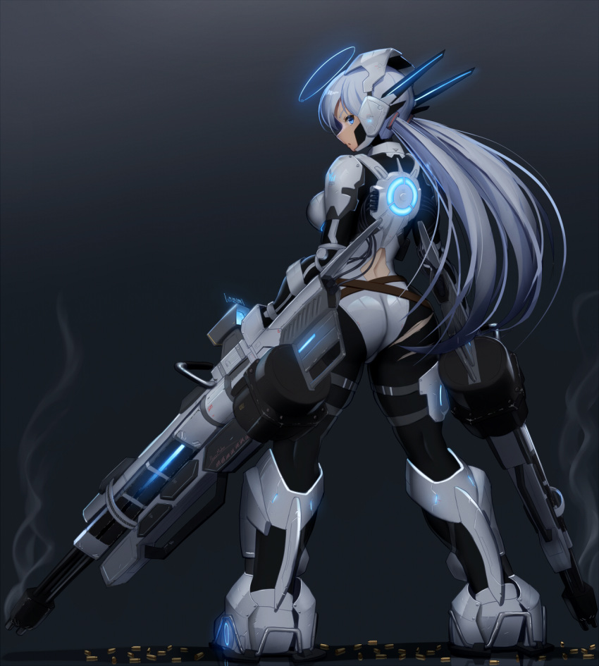 1girl ass blue_eyes bodysuit commentary dual_wielding full_body gun halo highres holding long_hair maku_ro original science_fiction shell_casing silver_hair simple_background smoke solo torn_bodysuit torn_clothes twintails weapon