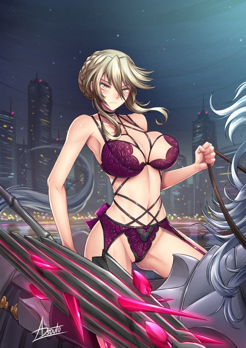 absurdres adsouto artoria_pendragon_(all) artoria_pendragon_(lancer_alter) bangs blonde_hair bra breasts clenched_hand closed_mouth facing_viewer fate/grand_order fate_(series) highres huge_filesize large_breasts lingerie midriff navel paid_reward panties patreon_reward serious underwear yellow_eyes