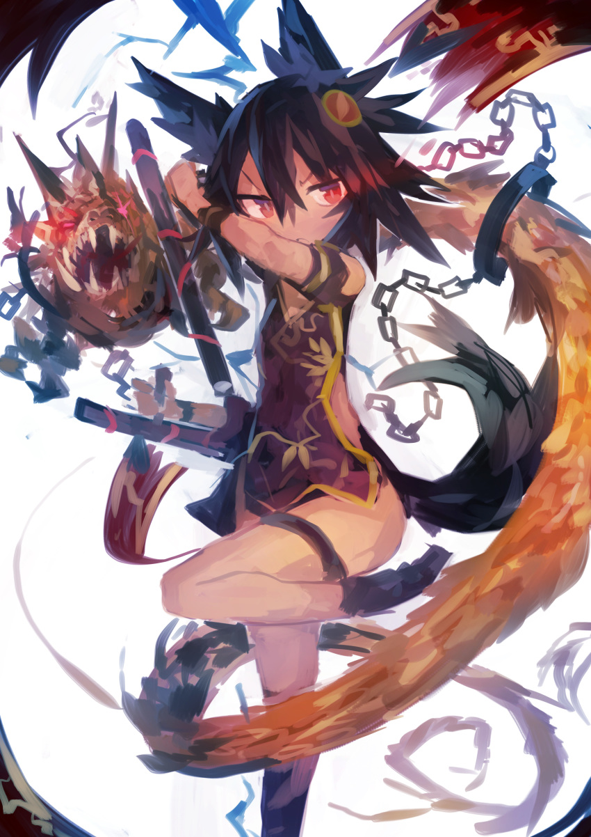 1girl absurdres bare_legs black_hair black_tail chain chinese_clothes commentary_request copyright_request highres kaamin_(mariarose753) monster pointy_hair red_eyes sleeveless tail