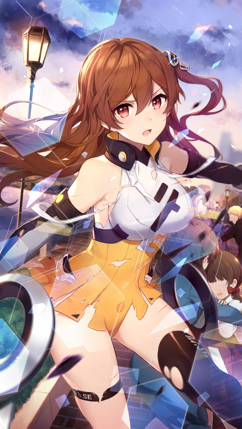 1girl absurdres armpits bare_shoulders black_legwear breasts brown_hair dress elbow_gloves floating_hair girl_cafe_gun gloves hair_between_eyes hair_ornament highres irene_white_(girl_cafe_gun) iritoa lamppost large_breasts long_hair looking_at_viewer official_art one_side_up open_mouth outdoors red_eyes single_thighhigh sleeveless sleeveless_dress solo_focus thigh-highs thigh_strap thighs torn_clothes torn_dress torn_legwear v-shaped_eyebrows