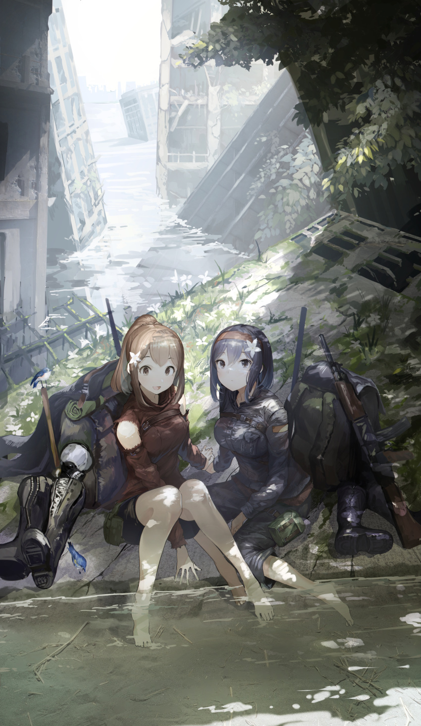 2girls absurdres ak-47 assault_rifle backpack bag barefoot between_legs bird black_eyes black_hair blanket blurry boots brown_eyes brown_hair city dappled_sunlight depth_of_field detached_sleeves fence flood flower grass gun hair_flower hair_ornament hairband hand_between_legs highres koruse long_hair looking_up multiple_girls open_mouth original outdoors pants pants_rolled_up plant ponytail post-apocalypse rifle scenery shade shoes_removed short_hair shorts sitting smile sunlight thigh_pouch vines weapon