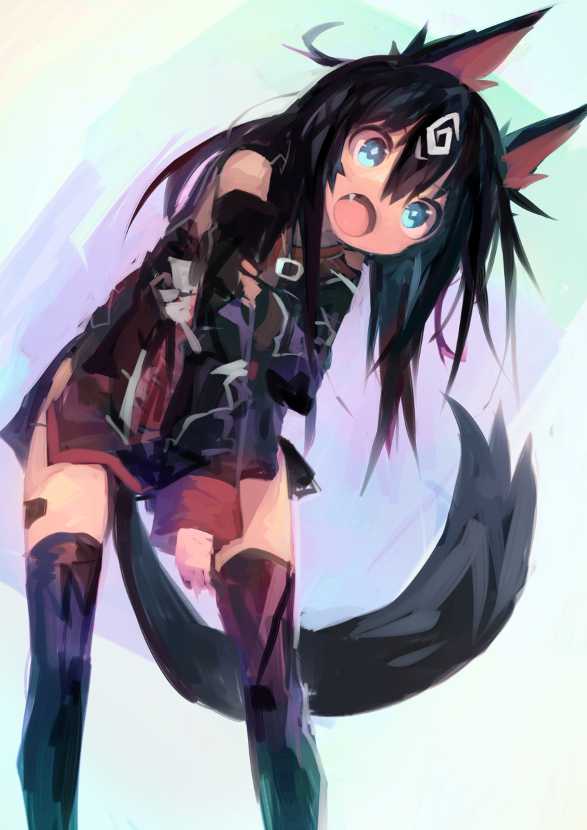 :o absurdres animal_ears bare_shoulders black_hair black_legwear black_tail blue_eyes commentary_request copyright_request fang highres kaamin_(mariarose753) open_mouth thigh-highs