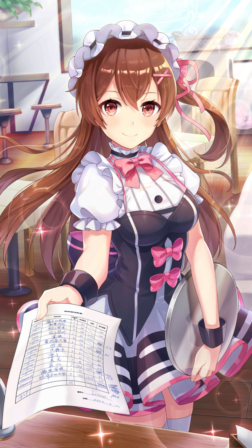 1girl alternate_costume bow bowtie breasts brown_hair chair criin dress enmaided frilled_dress frills girl_cafe_gun giving hair_between_eyes hair_ornament highres indoors irene_white_(girl_cafe_gun) light_rays long_hair looking_at_viewer maid maid_headdress medium_breasts official_art one_side_up paper pink_bow red_eyes short_sleeves smile solo standing thigh-highs tray white_dress white_legwear wristband x_hair_ornament