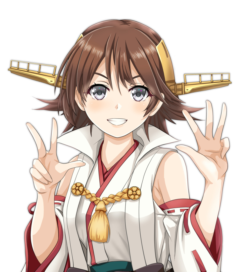 1girl bangs blue_eyes brown_hair commentary_request detached_sleeves flipped_hair grin headgear hiei_(kantai_collection) highres japanese_clothes kantai_collection long_sleeves looking_at_viewer nontraditional_miko remodel_(kantai_collection) ribbon-trimmed_sleeves ribbon_trim short_hair simple_background smile solo teeth tk8d32 upper_body white_background wide_sleeves