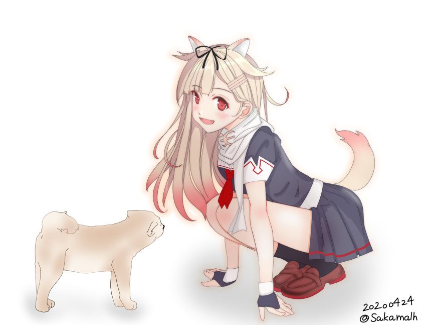 1girl 1other absurdres animal_ears black_legwear black_ribbon black_serafuku blonde_hair brown_footwear dog dog_ears dog_tail extra_ears hair_flaps hair_ornament hair_ribbon hairclip highres kantai_collection kneehighs loafers long_hair neckerchief nitamago_(sakamalh) red_eyes red_neckwear remodel_(kantai_collection) ribbon scarf school_uniform serafuku shoes simple_background squatting tail white_background white_scarf yuudachi_(kantai_collection)