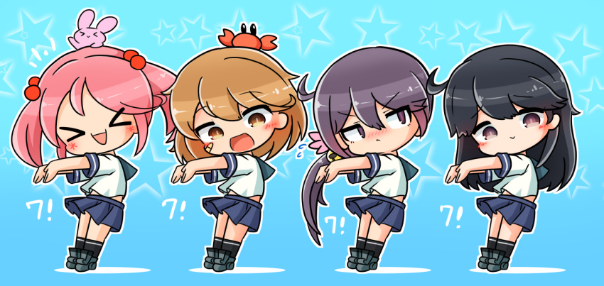 &gt;o&lt; 4girls :&gt; :&lt; :d ahoge akebono_(kantai_collection) animal_on_head anniversary asimo953 bandaid bandaid_on_face bangs bell black_hair black_legwear blue_skirt blush brown_hair bunny_on_head chibi commentary_request crab crab_on_head eyebrows_visible_through_hair flower flying_sweatdrops full_body hair_bell hair_bobbles hair_flower hair_ornament jingle_bell kantai_collection long_hair looking_at_viewer looking_away multiple_girls oboro_(kantai_collection) on_head open_mouth pet pink_hair pleated_skirt purple_hair rabbit sazanami_(kantai_collection) school_uniform serafuku short_hair short_sleeves side_ponytail simple_background skirt smile twintails ushio_(kantai_collection) very_long_hair violet_eyes
