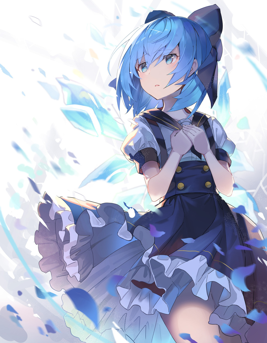 1girl alternate_costume bangs blue_bow blue_eyes blue_hair blue_skirt bow cirno commentary_request cowboy_shot eyebrows_visible_through_hair hair_between_eyes hair_bow hands_on_own_chest high-waist_skirt highres ice ice_wings own_hands_together parted_lips petticoat puffy_short_sleeves puffy_sleeves rin_falcon shirt short_hair short_sleeves skirt solo standing suspender_skirt suspenders touhou white_background wings