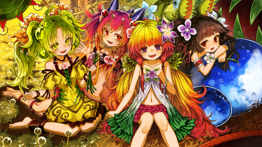 4girls ahoge bare_shoulders blonde_hair brown_hair dress duel_monster flower green_eyes green_hair hair_flower hair_ornament highres kazura_the_mesmerizing_maneater lithiumrider long_hair low_twintails multiple_girls navel open_mouth red_eyes redhead traptrix_dionaea traptrix_mantis traptrix_sera twintails violet_eyes yuu-gi-ou